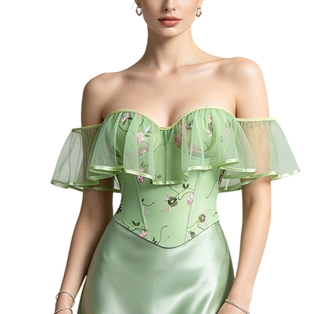Floral Embroidered Off-Shoulder Corset Top -Sheer Overlay Bustier Waist Cincher